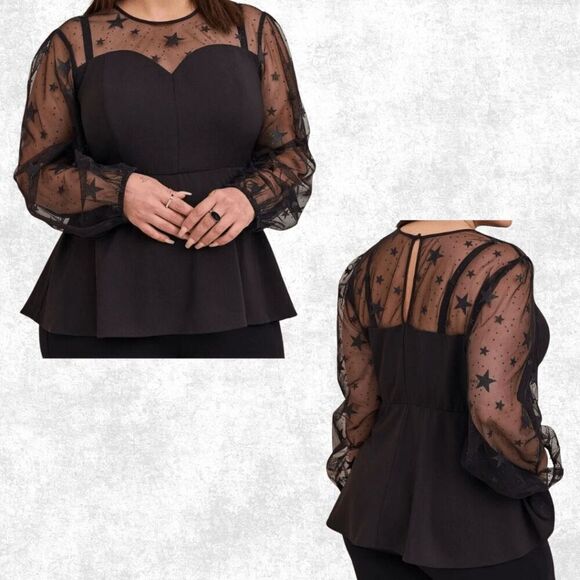 Torrid 2 Black Star Mesh Top – Celestial Sheer Long Sleeve Goth Peplum Blouse Pl - Picture 1 of 8